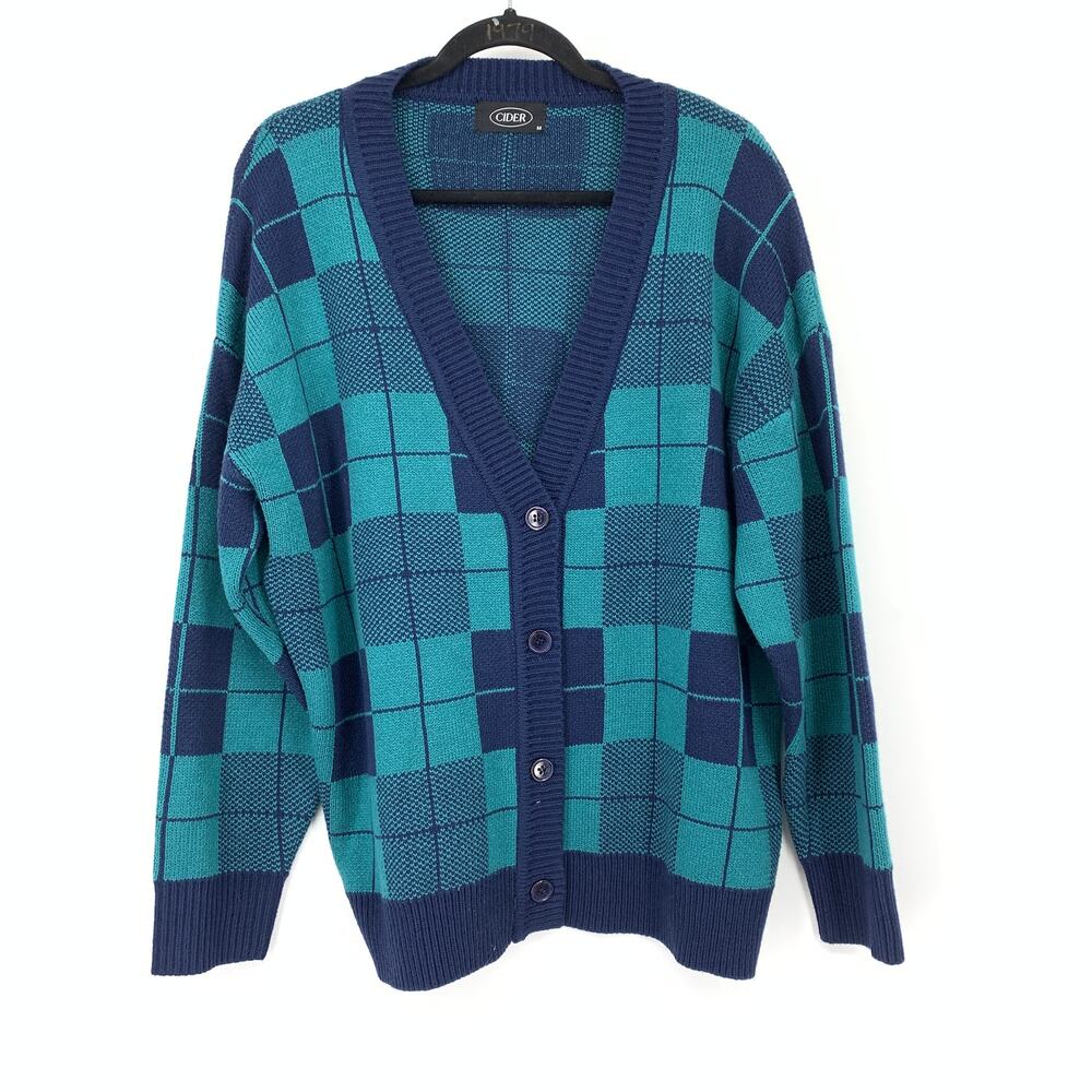 Cider Cardigan Sweater Womens Size Medium Blue Green Argyle Plaid V-Neck